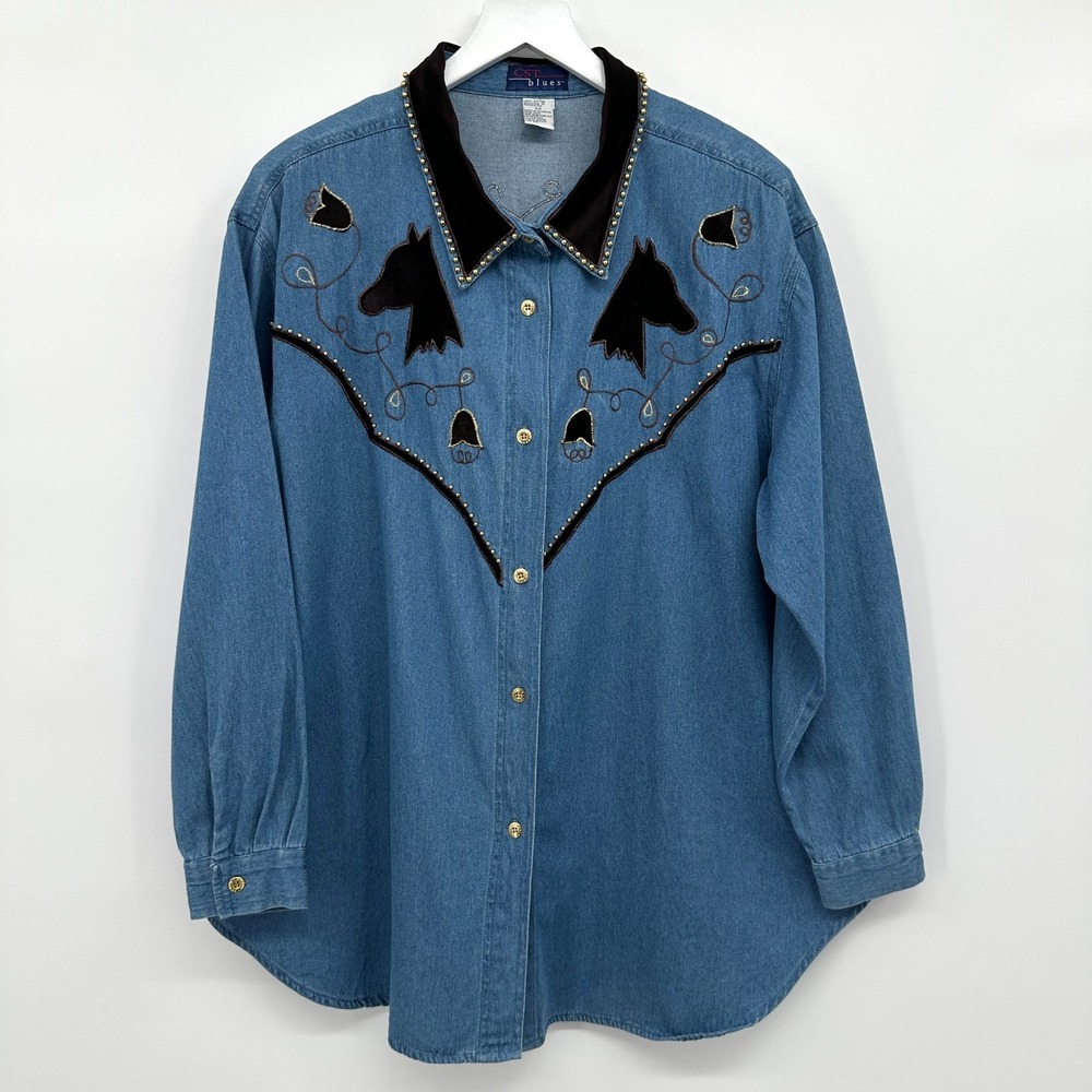 Vintage Western Denim‎ Top Shirt Size 2X Button Up Equestrian Horse Ranch Rodeo